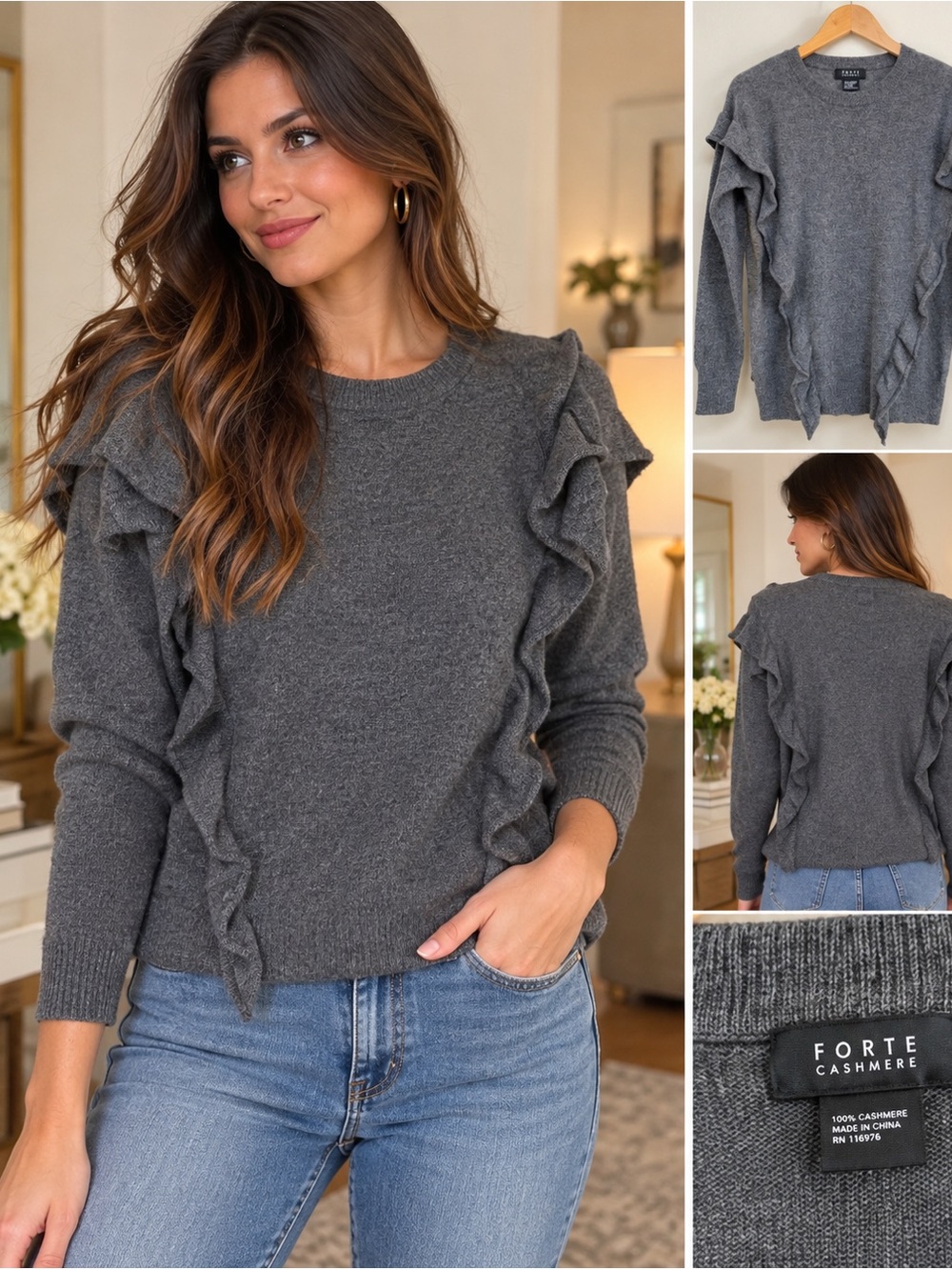 Forte Cashmere 100% Cashmere Ruffle Front Sweater XS Charcoal Gray